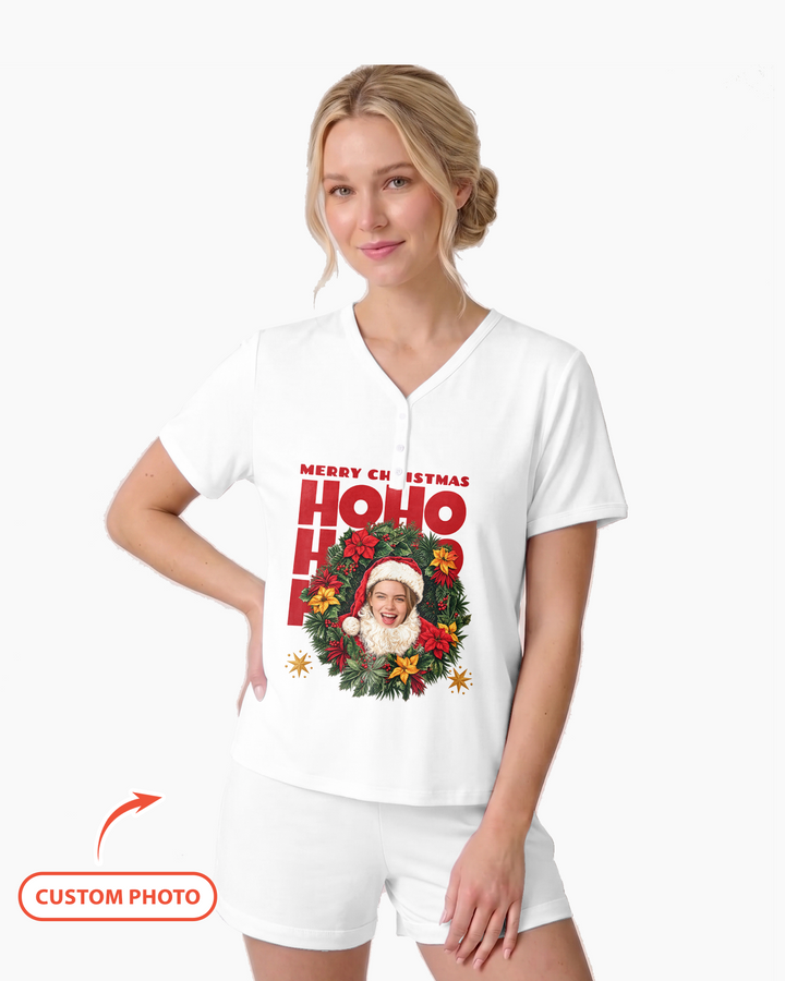 Personalized Photo Christmas Santa Bamboo Women Short Sleeve Short Pajama Set