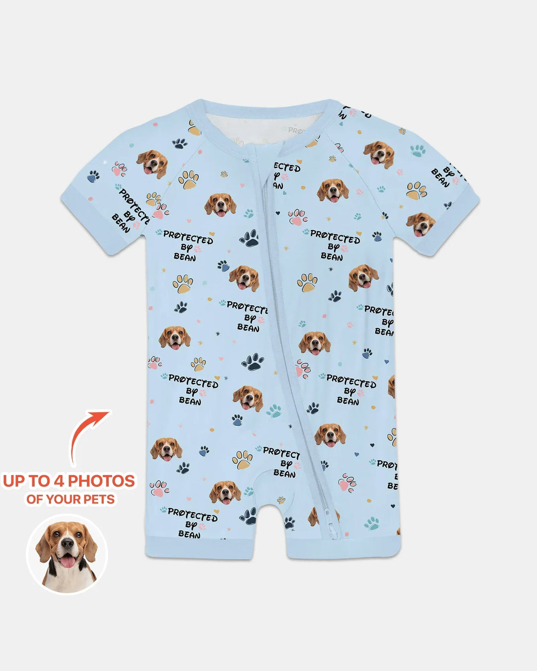 Custom Dog Photo Pattern "Protected By" Bamboo Shorty Zippered Romper
