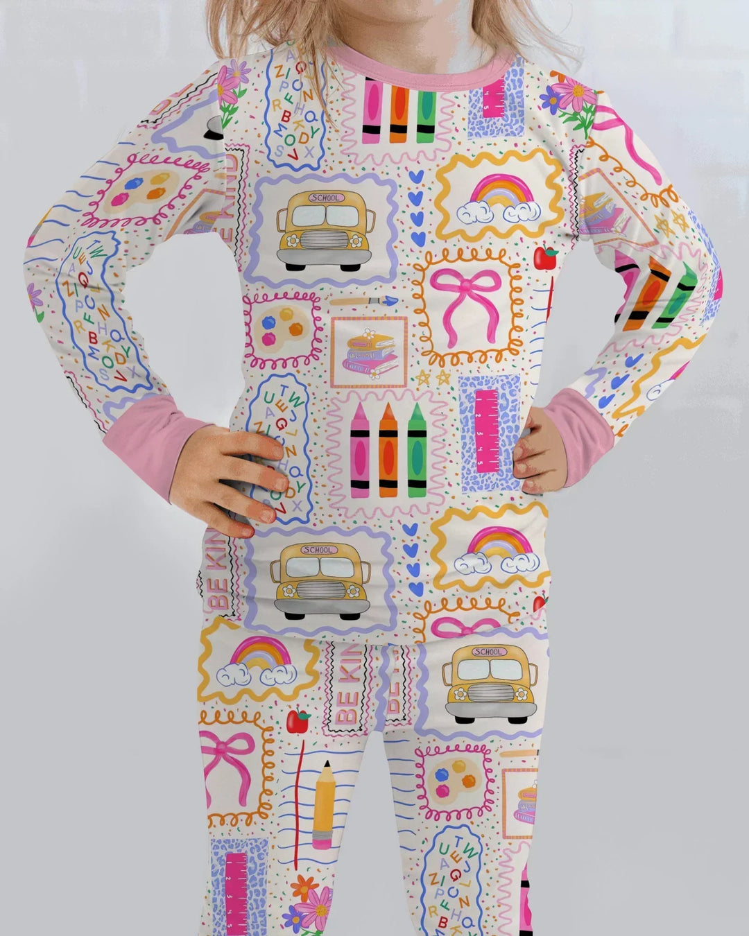 Colorful Doodle School Bamboo Two Piece Long Sleeve Pajama Set