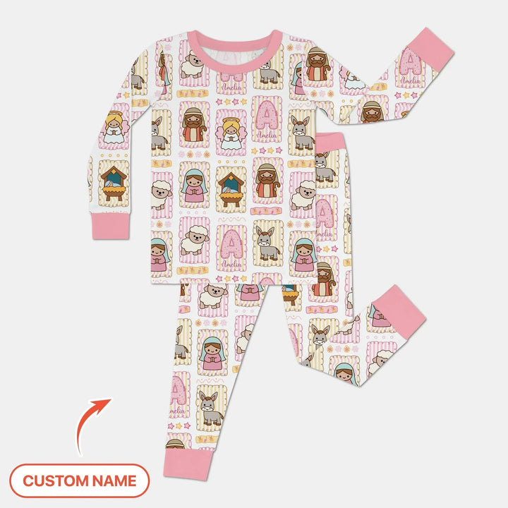 Custom Name Christmas Nativity Bamboo Two Piece Long Sleeve Pajama Set