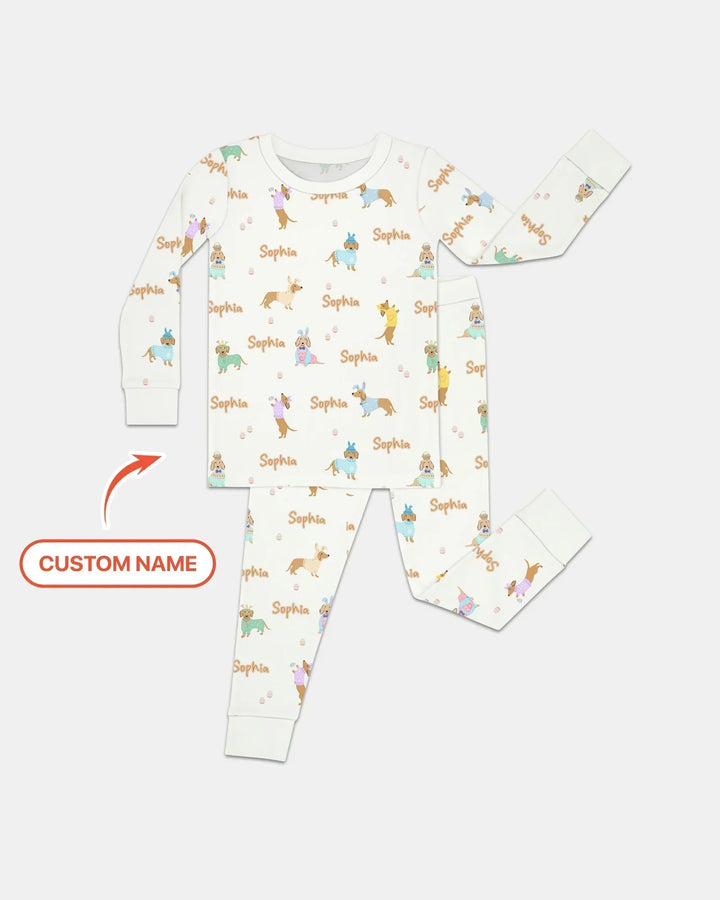 Custom Name Easter Dachshund Bamboo Two Piece Long Sleeve Pajama Set