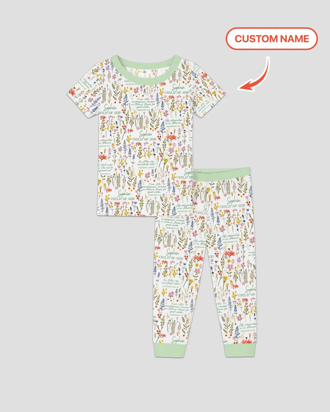 Custom Name Child of God Flower Garden Bamboo Two Piece Short Sleeve Pajama Set