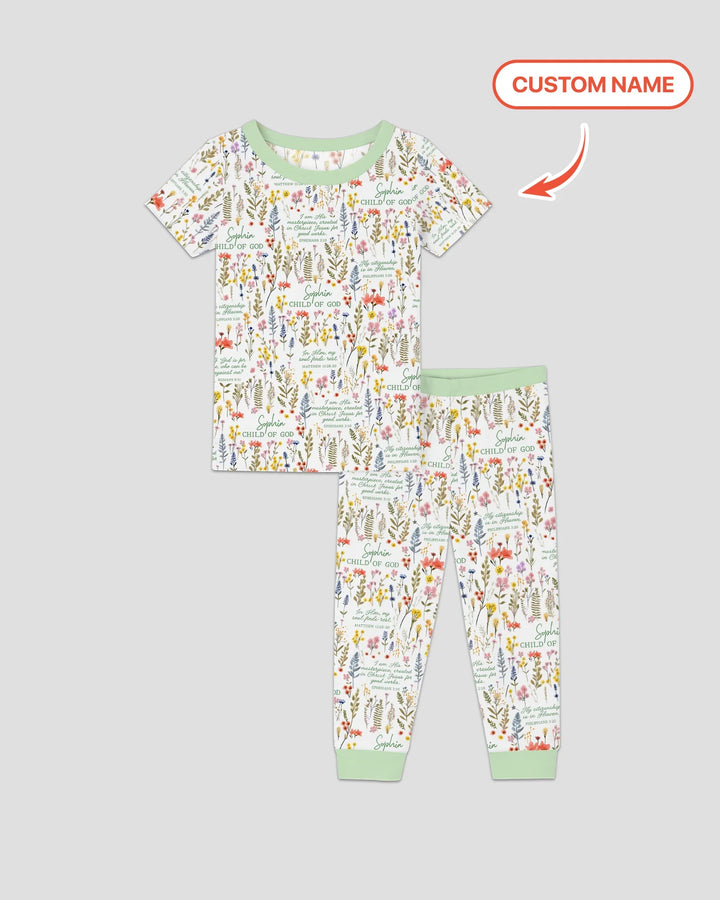 Custom Name Child of God Flower Garden Bamboo Two Piece Short Sleeve Pajama Set
