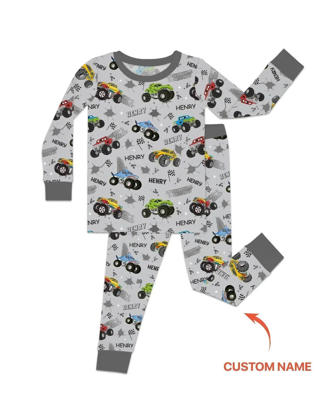 Monster Truck Dirt Jam Custom Name Daddy & Me Matching Bamboo Two Piece Long Sleeve Pajama Set