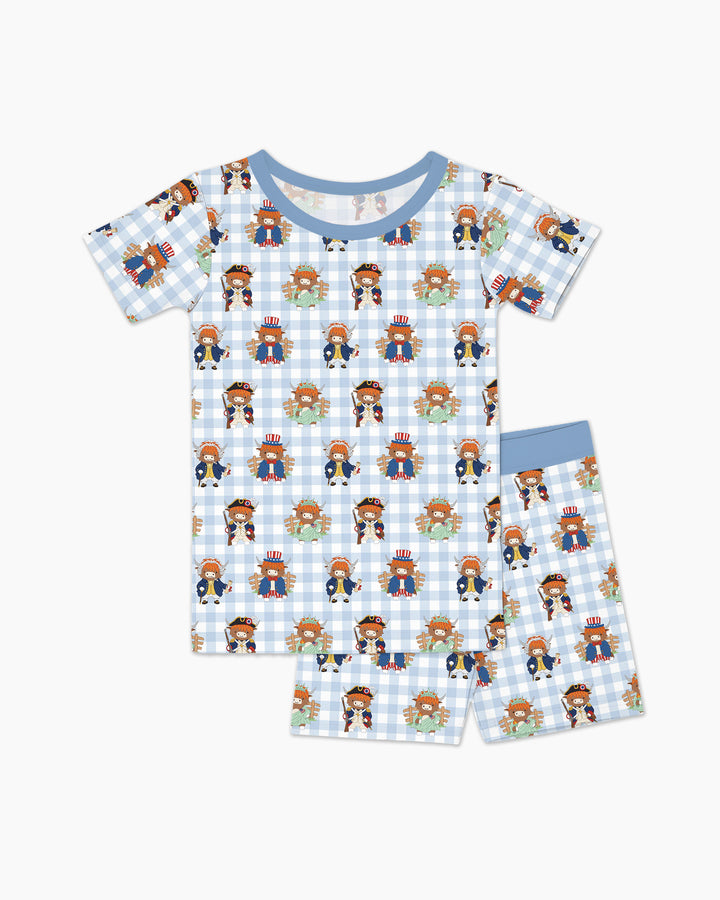 Patriotic 4th of July Highland Cow Bamboo Two Piece Short Sleeve Shorts Pajama Set