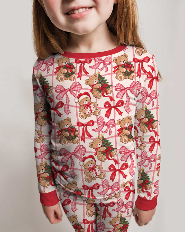 Pink Christmas Teddy Bear Plaid Mommy & Me Matching Bamboo Two Piece Long Sleeve Pajama Set