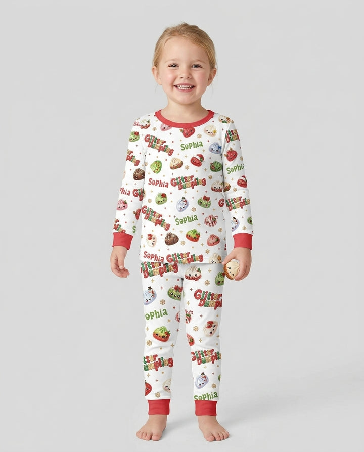Custom Name Glitter Christmas Dumpling  Bamboo Two Piece Long Sleeve Pajama Set
