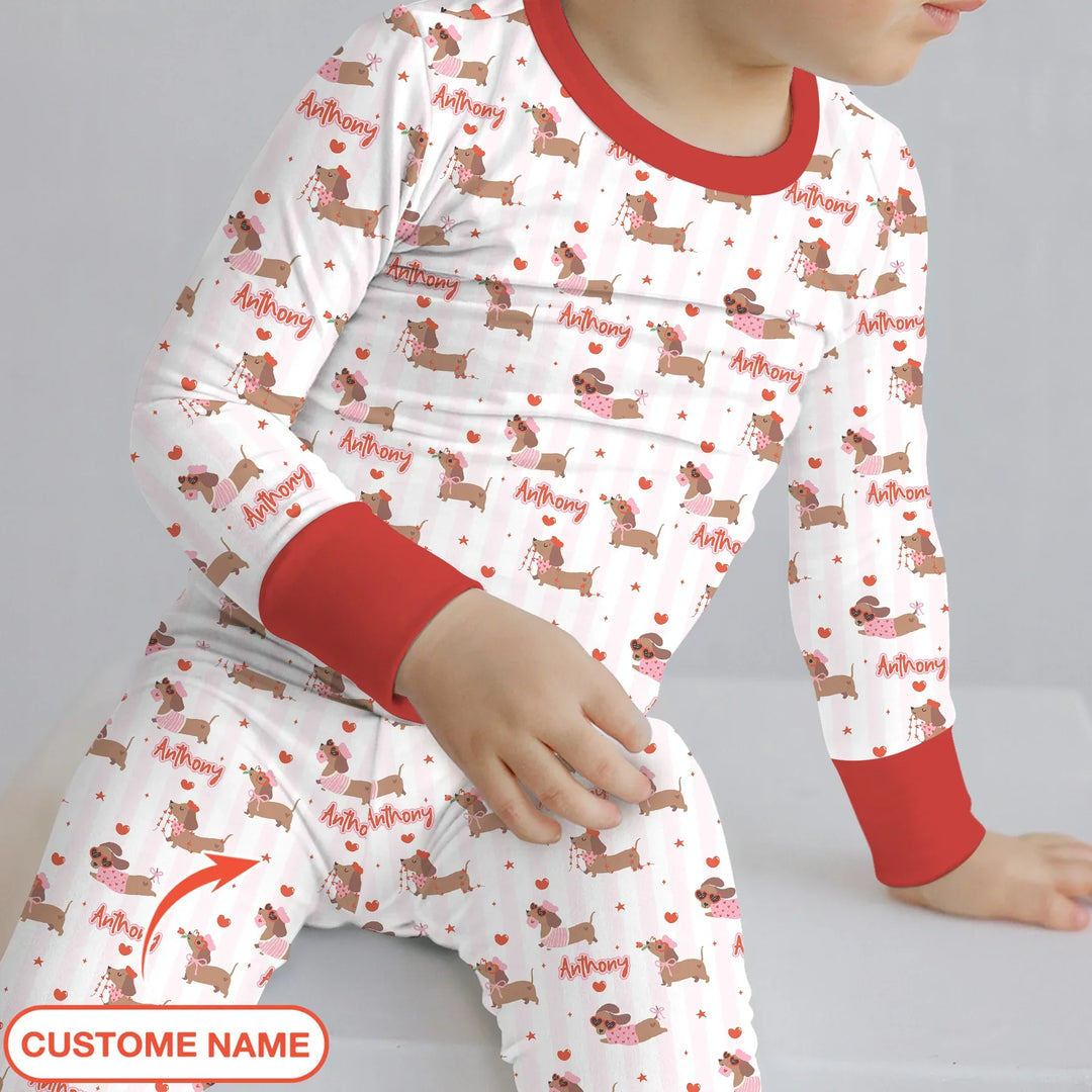 Custom Name Valentine Dachshund Family Matching Bamboo Two Piece Long Sleeve Pajama Set