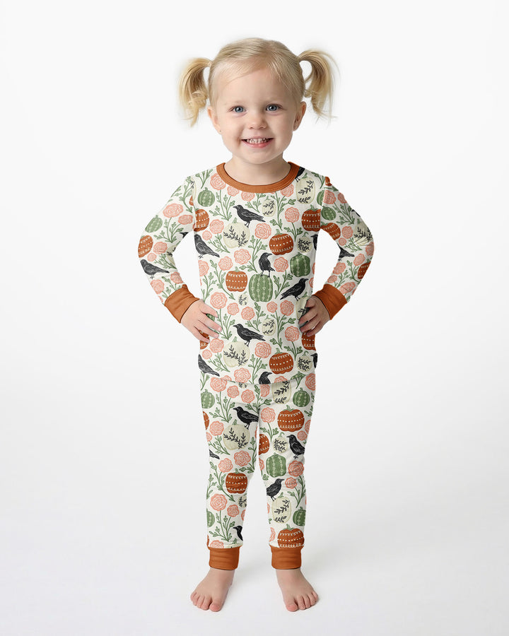Country Crows with Mums and Pumpkins Bamboo Two Piece Long Sleeve Pajama Set