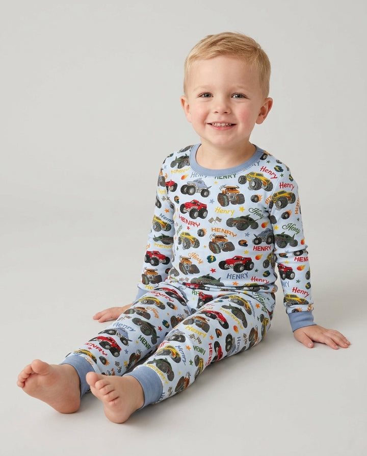 Personalized Monster Truck Bamboo Two Piece Long Sleeve Pajama Set