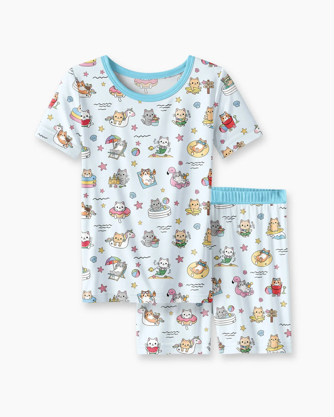 Kawaii Cats Summer Vacation Bamboo Two Piece Short Sleeve Shorts Pajama Set