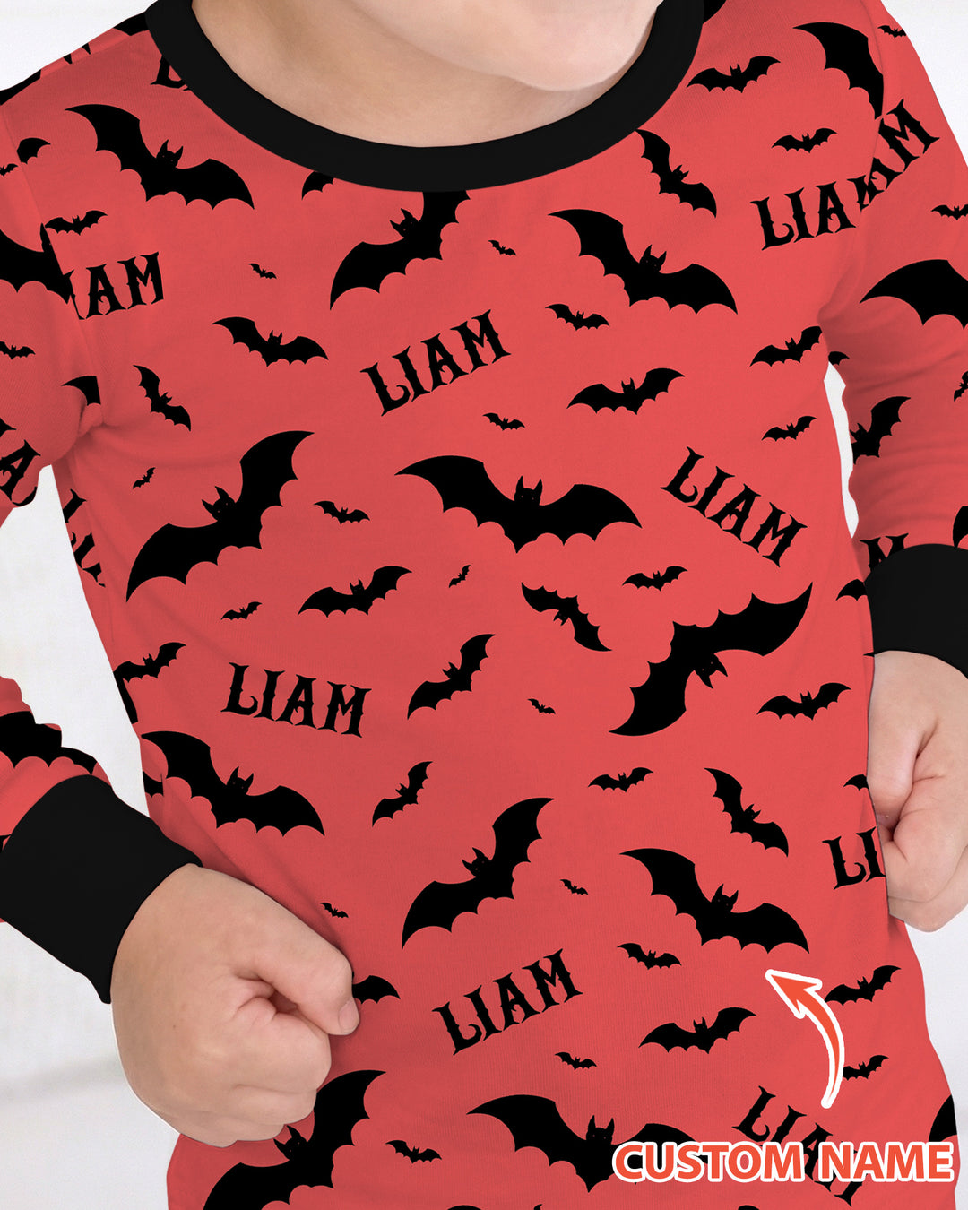 Black Bat Halloween Custom Name Bamboo Two Piece Long Sleeve Pajama Set