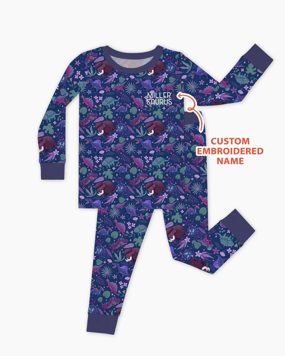 Custom Name Embroidered Dino Dream Night Bamboo Two Piece Long Sleeve Pajama Set