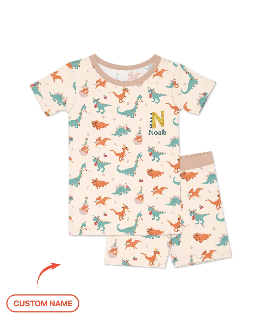 Embroidered Dinosaurs Bamboo Two Piece Short Sleeve Shorts Pajama Set