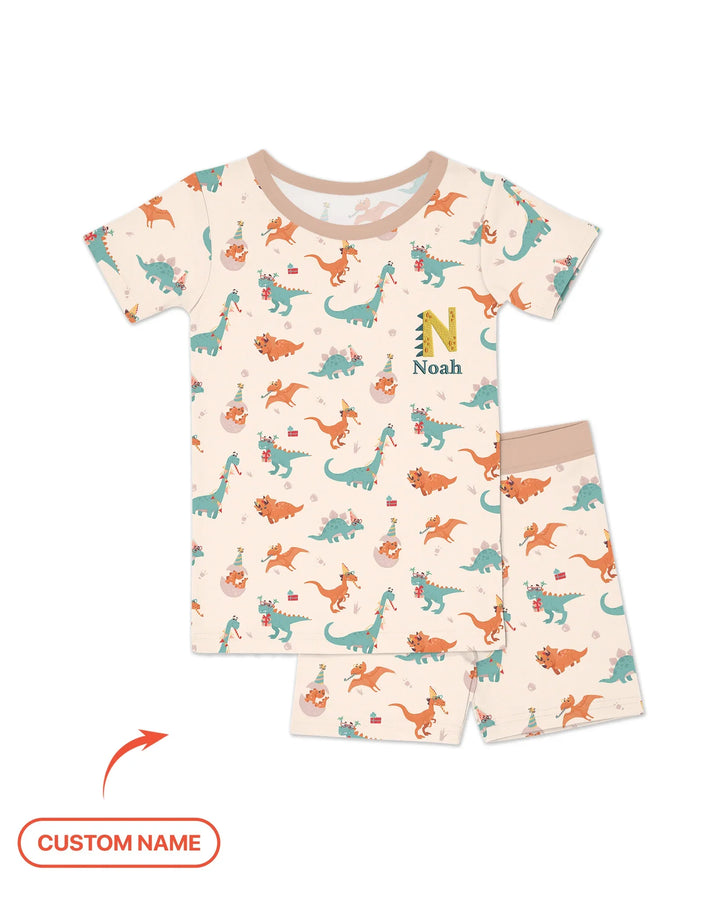 Embroidered Dinosaurs Bamboo Two Piece Short Sleeve Shorts Pajama Set