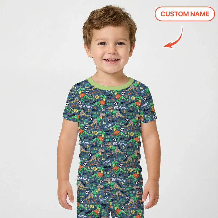 Custom Name Dino Soccer Bamboo Two Piece Short Sleeve Pajama Set