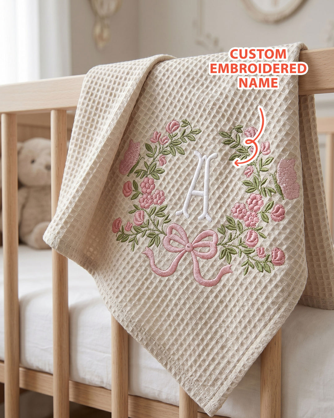 Personalized Flower Wreath Embroidered Waffle Bamboo Blanket