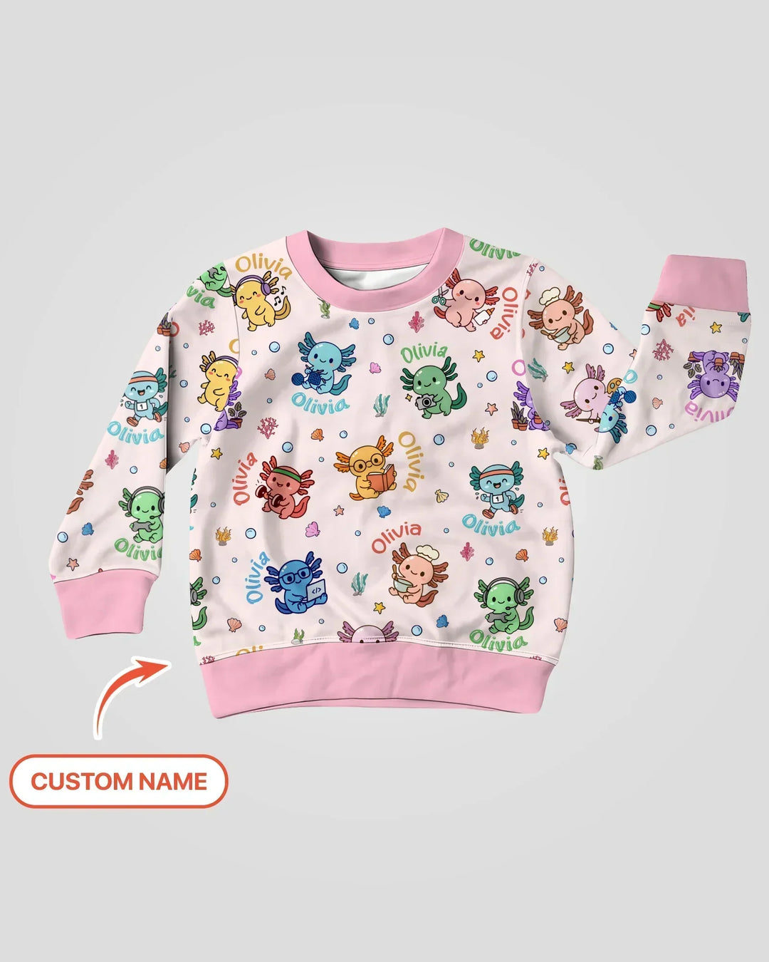Custom Name Cute Hobby Axolotl Bamboo Crewneck Sweatshirt