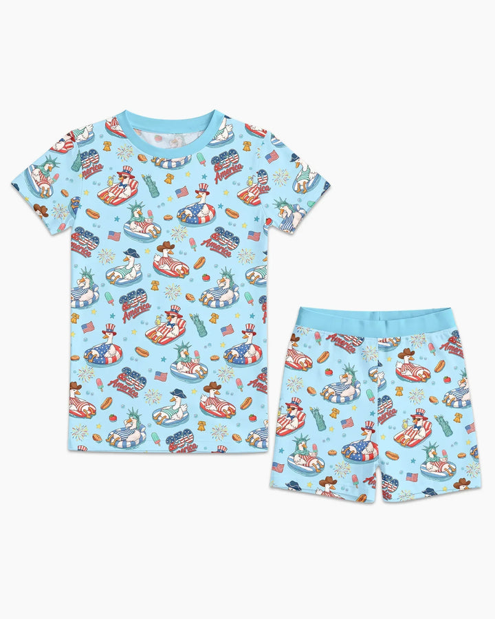 250 America Patriotic Goose Family Matching Bamboo Two Piece Short Sleeve Shorts Pajama Set