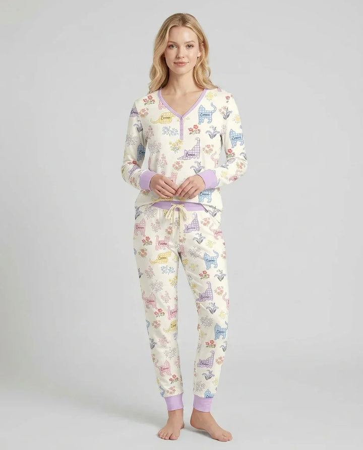 Gingham Cats Custom Name Bamboo Women Pajama Set