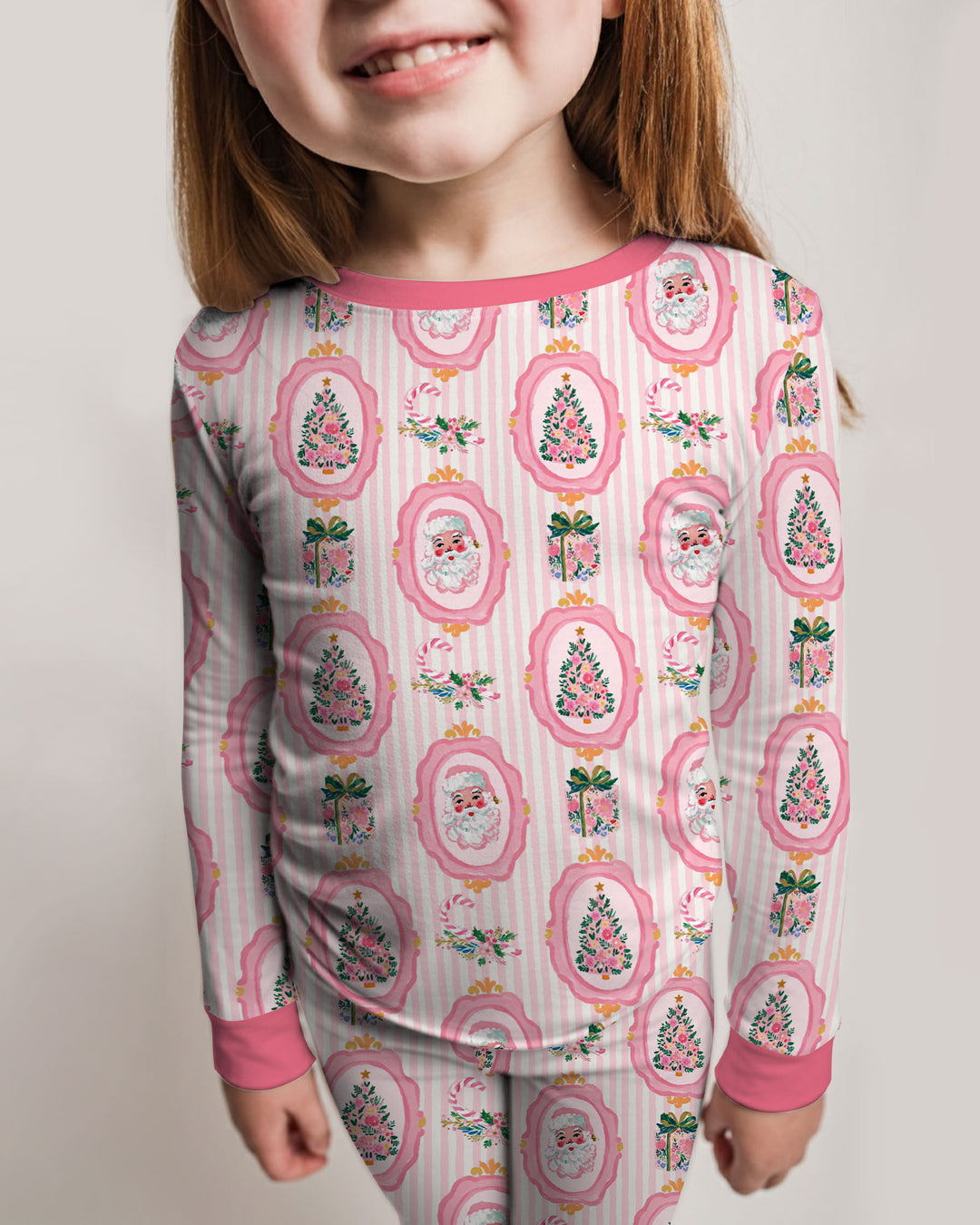 Pink Vintage Christmas Bamboo Two Piece Long Sleeve Pajama Set