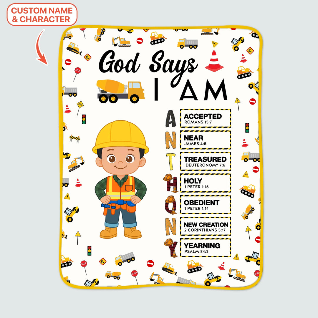 Custom Name God Says I Am Little Builder Letter in Bible Bamboo Blanket