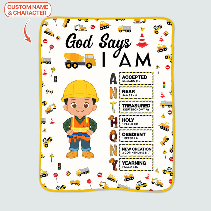 Custom Name God Says I Am Little Builder Letter in Bible Bamboo Blanket