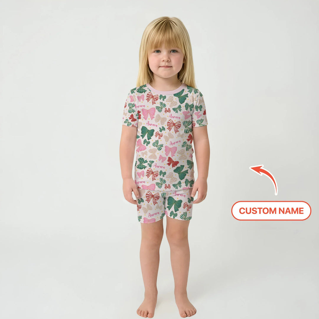 Custom Name Preppy Coquette Bows Bamboo Two Piece Short Sleeve Shorts Pajama Set