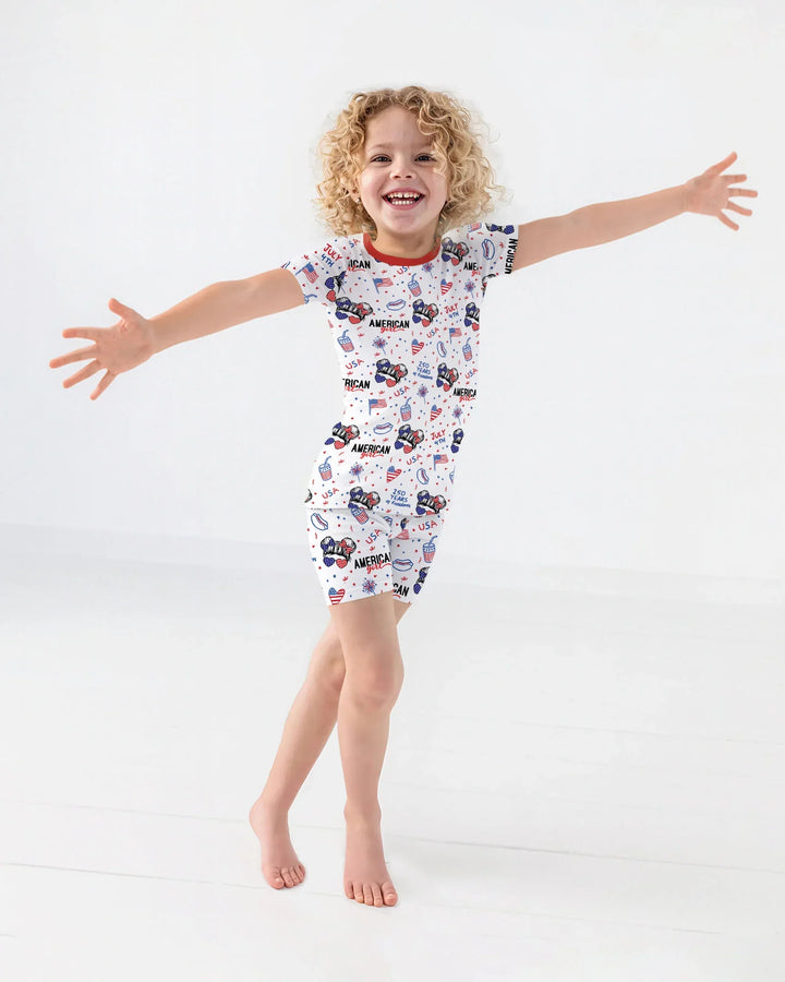 Doodle American Flag Glasses Family Matching Bamboo Two Piece Short Sleeve Shorts Pajama Set