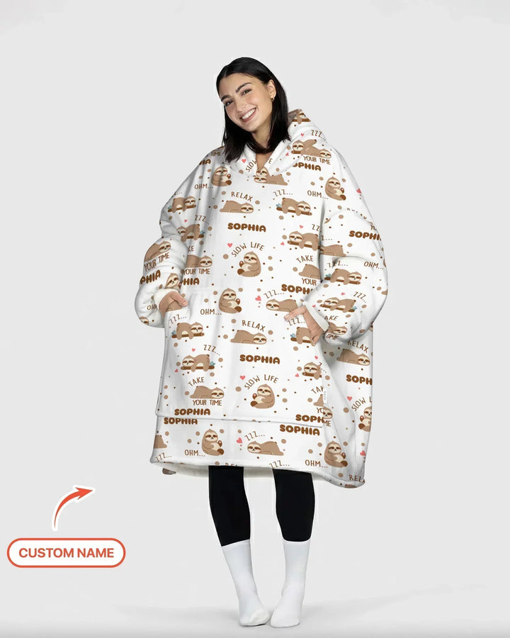 Custom Name Cute Sloth Bamboo Blanket Hoodie