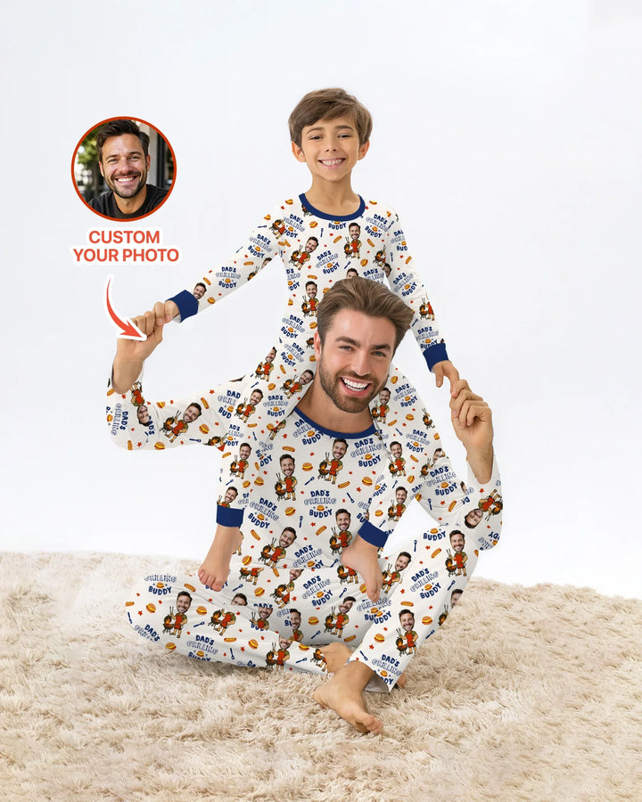 Custom Photo Dad's Grilling Buddy Family Matching Bamboo Two Piece Long Sleeve Pajama Set