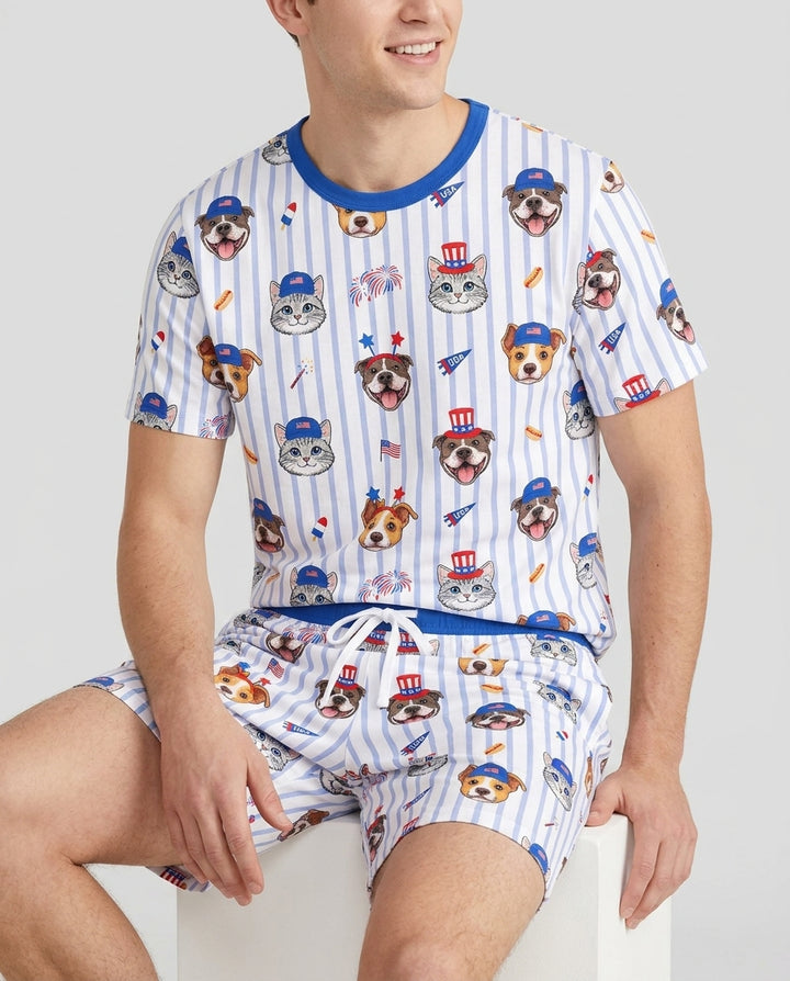 Custom Pet Image 4th of July Family Matching Bamboo Men Short Sleeve Short Pajama Set