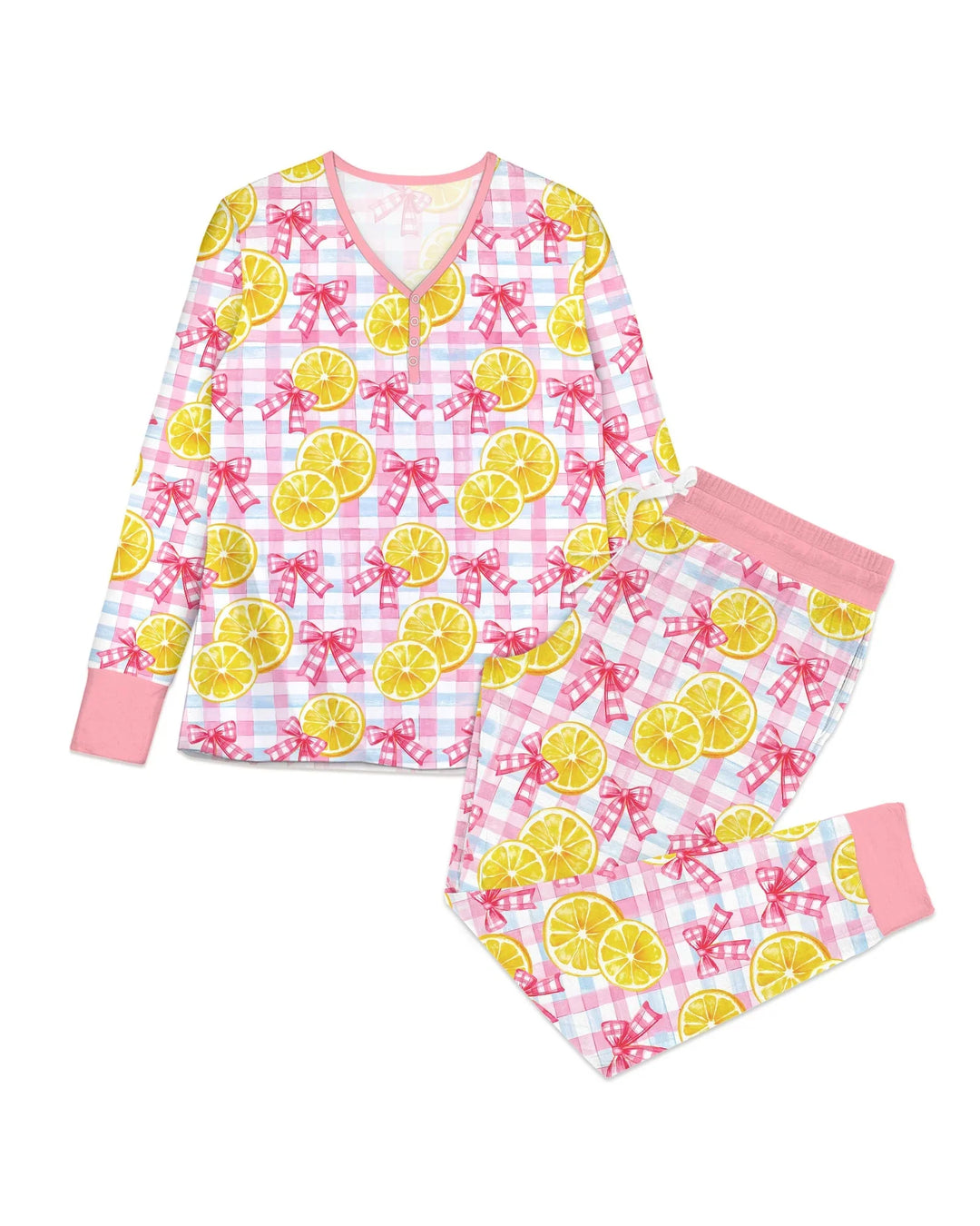 Pink Lemons Bows Checkered Bamboo Women Pajama Set