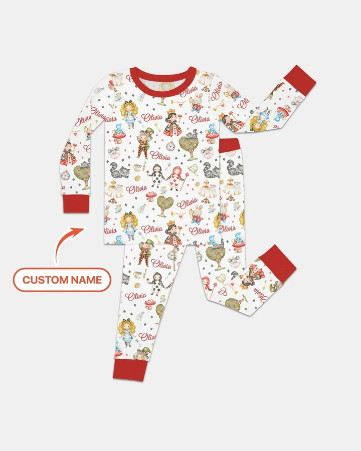 Whimsical Wonderland Tea Party Custom Name Bamboo Two Piece Long Sleeve Pajama Set