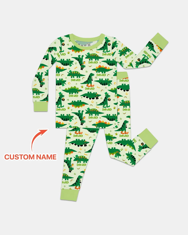 St. Patrick's Day Dinosaurs Custom Bamboo Two Piece Long Sleeve Pajama Set
