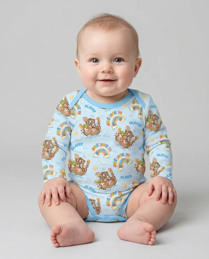 Custom Name Jesus Loves Me Noah's Ark Bamboo Bodysuit