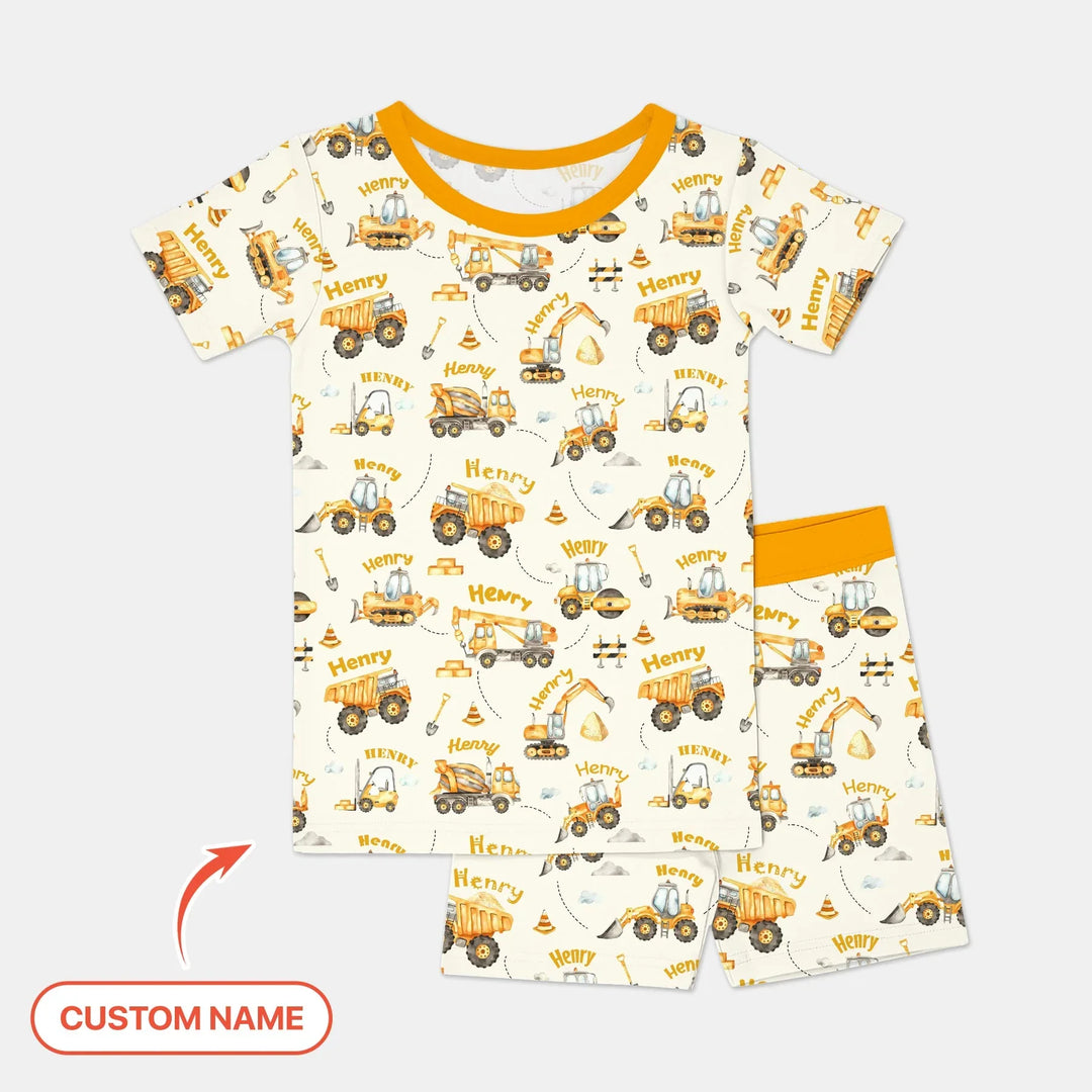 Constructions Machines Custom Name Bamboo Two Piece Short Sleeve Shorts Pajama Set