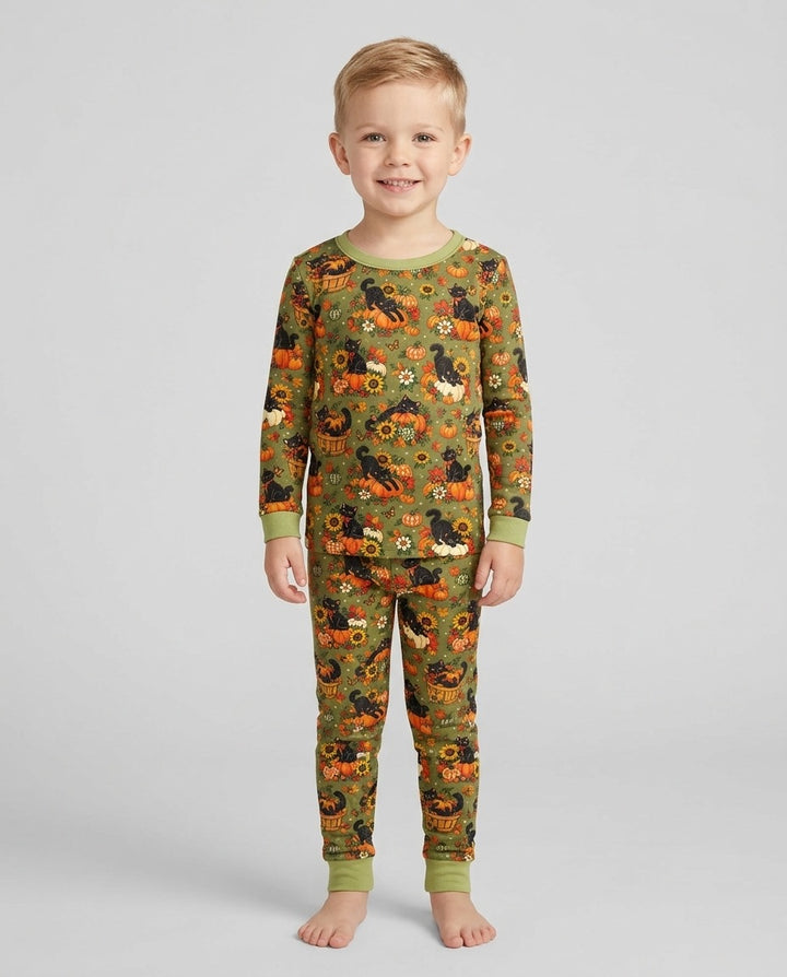 Vintage Black Cat Pumpkin Fall Bamboo Two Piece Long Sleeve Pajama Set