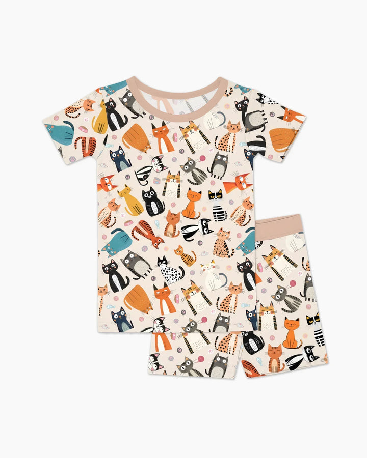 Goofy Mischief Cat Family Matching Bamboo Two Piece Short Sleeve Shorts Pajama Set