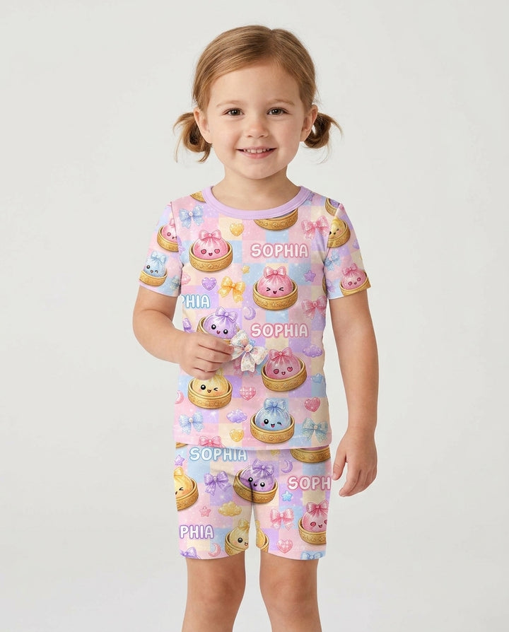 Custom Name Coquette Glitter Dumpling Bamboo Two Piece Short Sleeve Shorts Pajama Set