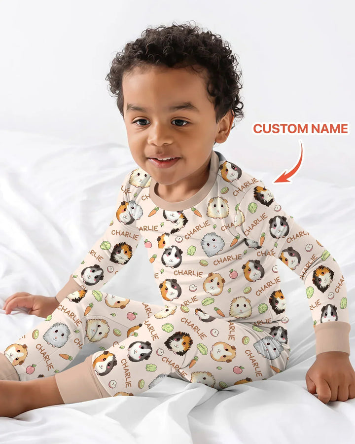 Custom Name Cute Guinea Pigs Bamboo Two Piece Long Sleeve Pajama Set