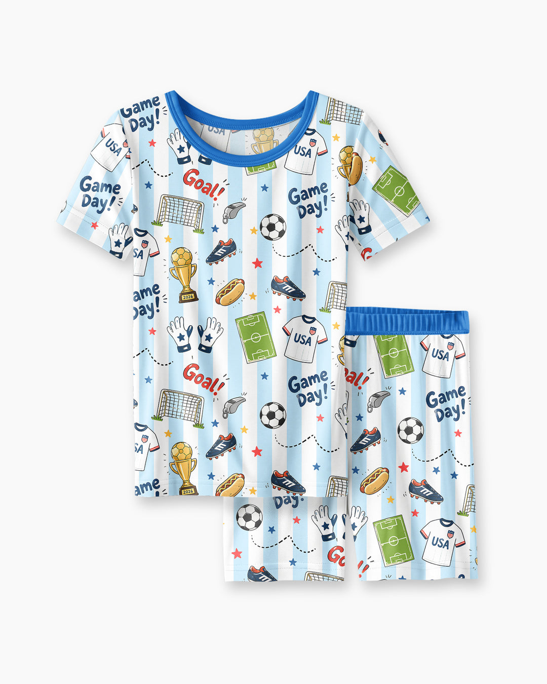 Striped Soccer Game Day Family Matching Bamboo Two Piece Short Sleeve Shorts Pajama Set