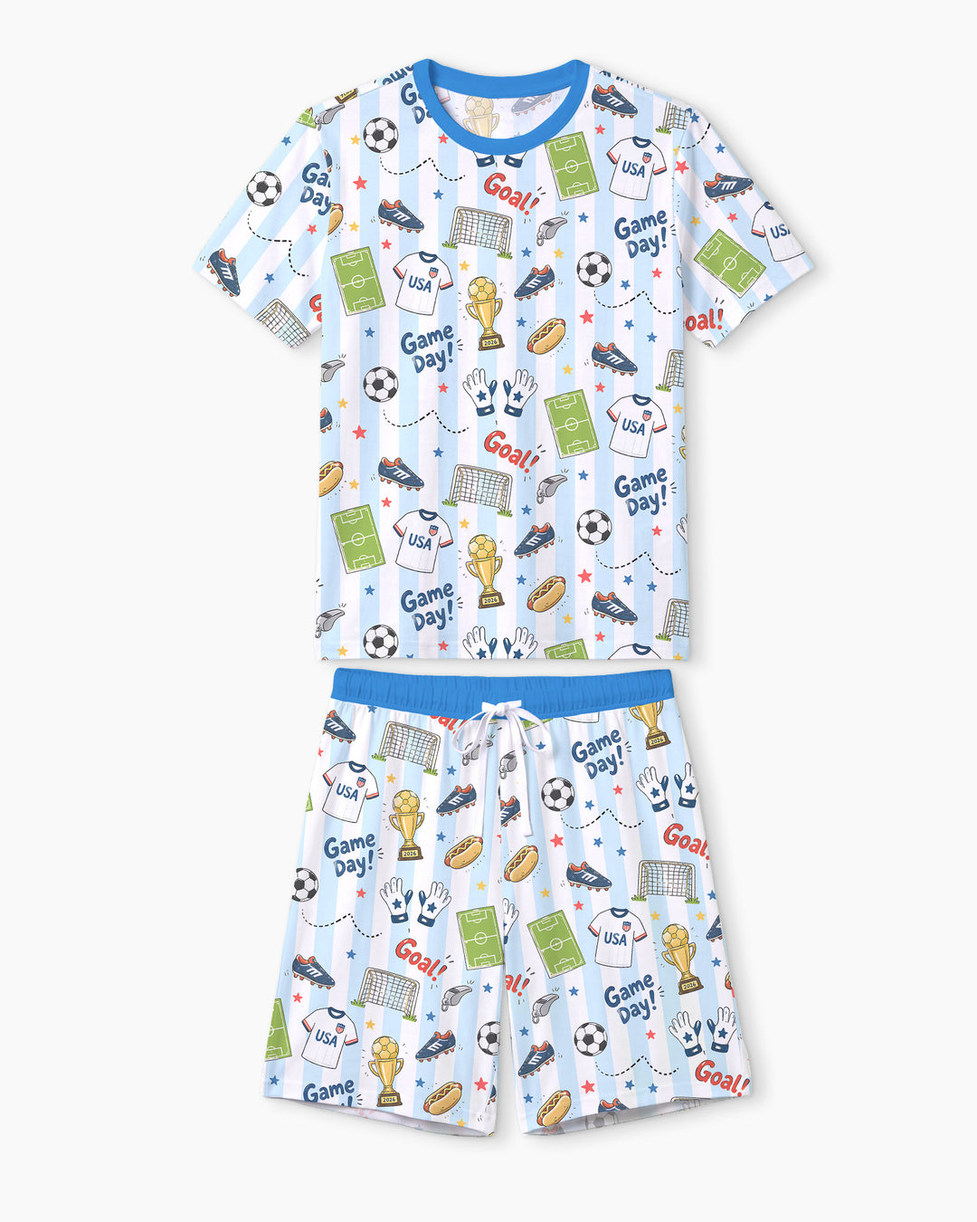 Striped Soccer Game Day Family Matching Bamboo Men Short Sleeve Short Pajama Set