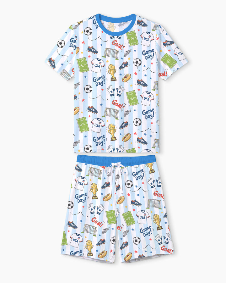 Striped Soccer Game Day Family Matching Bamboo Men Short Sleeve Short Pajama Set