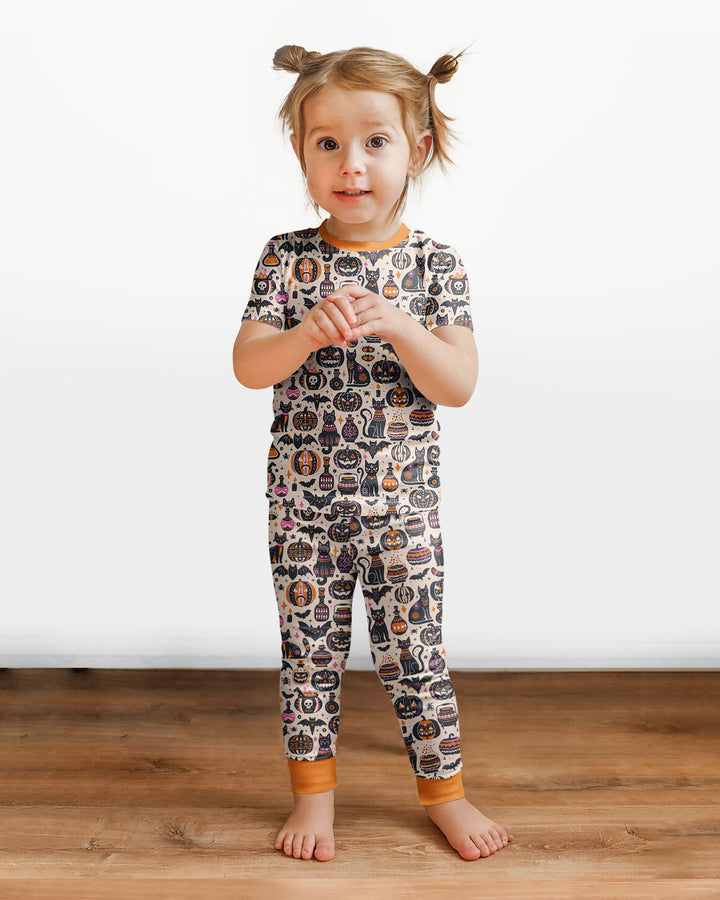Whimsical Tribal Retro Halloween Black Cats Pumpkins Bamboo Two Piece Short Sleeve Pajama Set