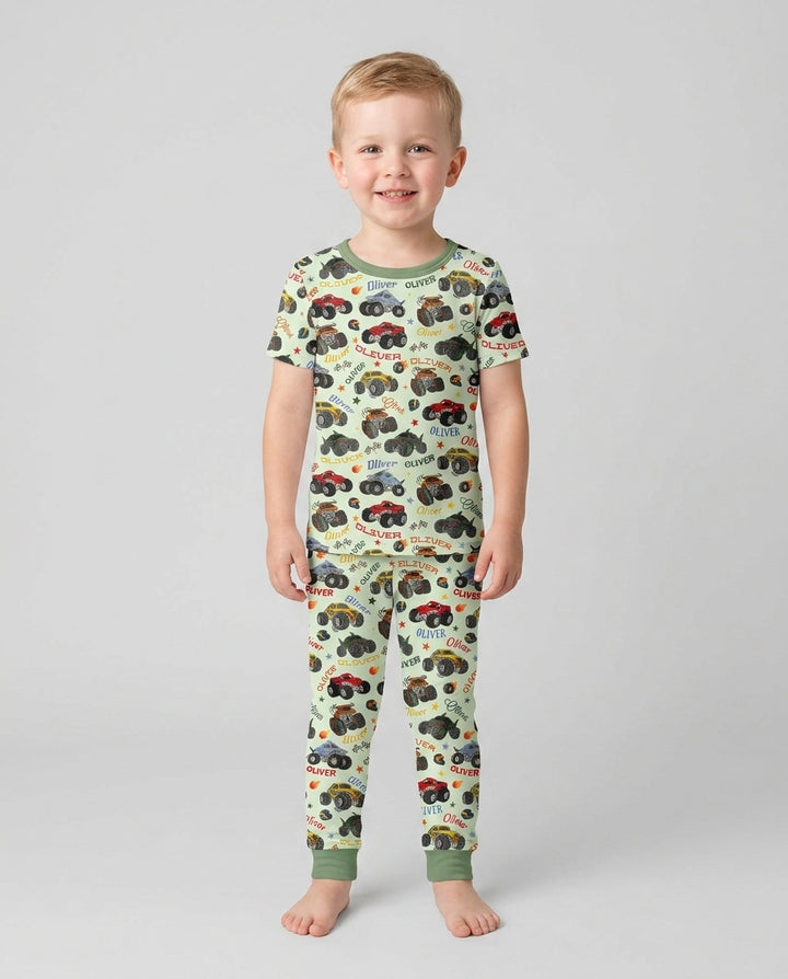 Personalized Monster Truck Bamboo Two Piece Short Sleeve Pajama Set