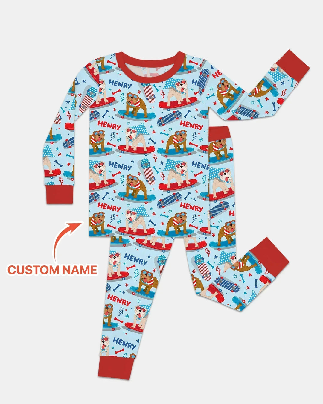 Personalized Patriotic Skate Pups Family Matching Bamboo Two Piece Long Sleeve Pajama Set