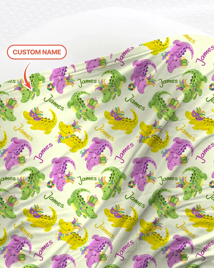 Custom Name Mardi Gras Alligator Bamboo Swaddle Blanket