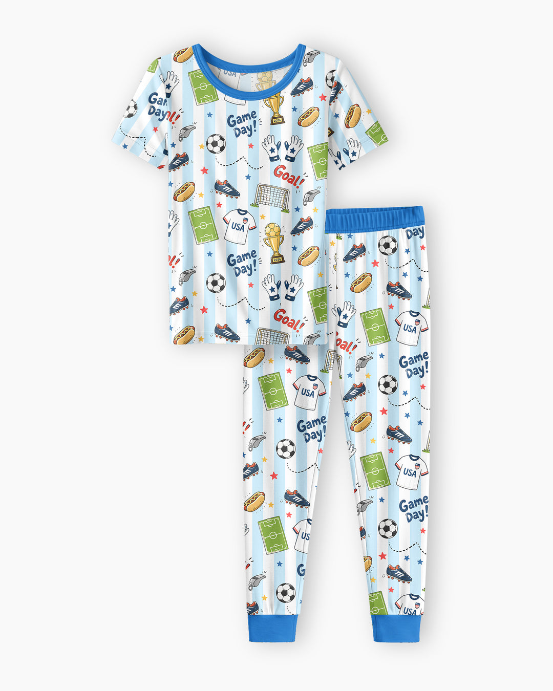 Striped Soccer Game Day Family Matching Bamboo Two Piece Short Sleeve Pajama Set