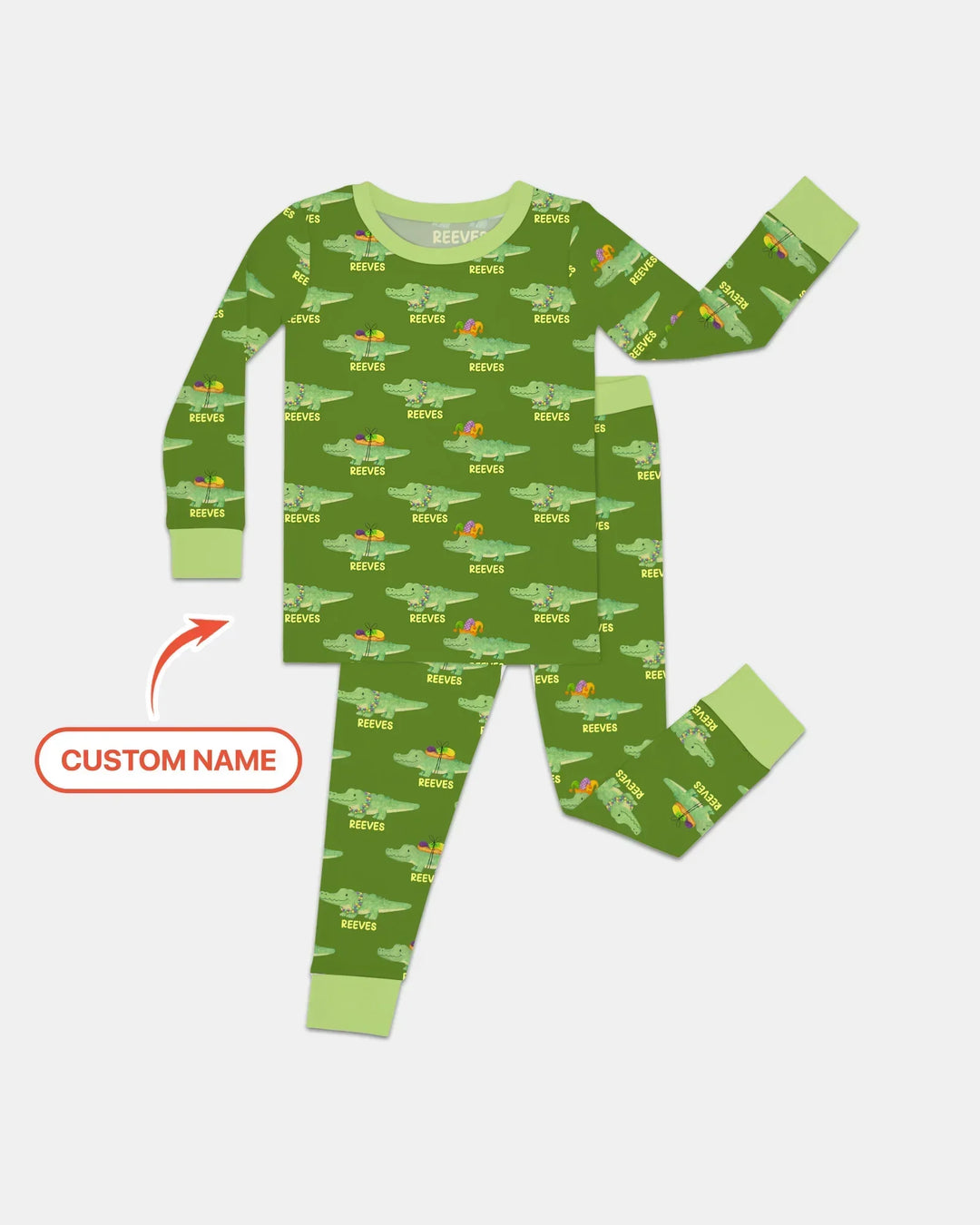 Custom Name Mardi Gras Gator Bamboo Two Piece Long Sleeve Pajama Set